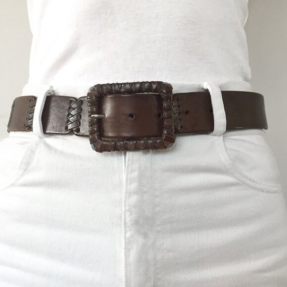Vintage Handcrafted Leather Belt with Woven Buckle, Rustic Brown Real Leather - Picture 1 of 10
